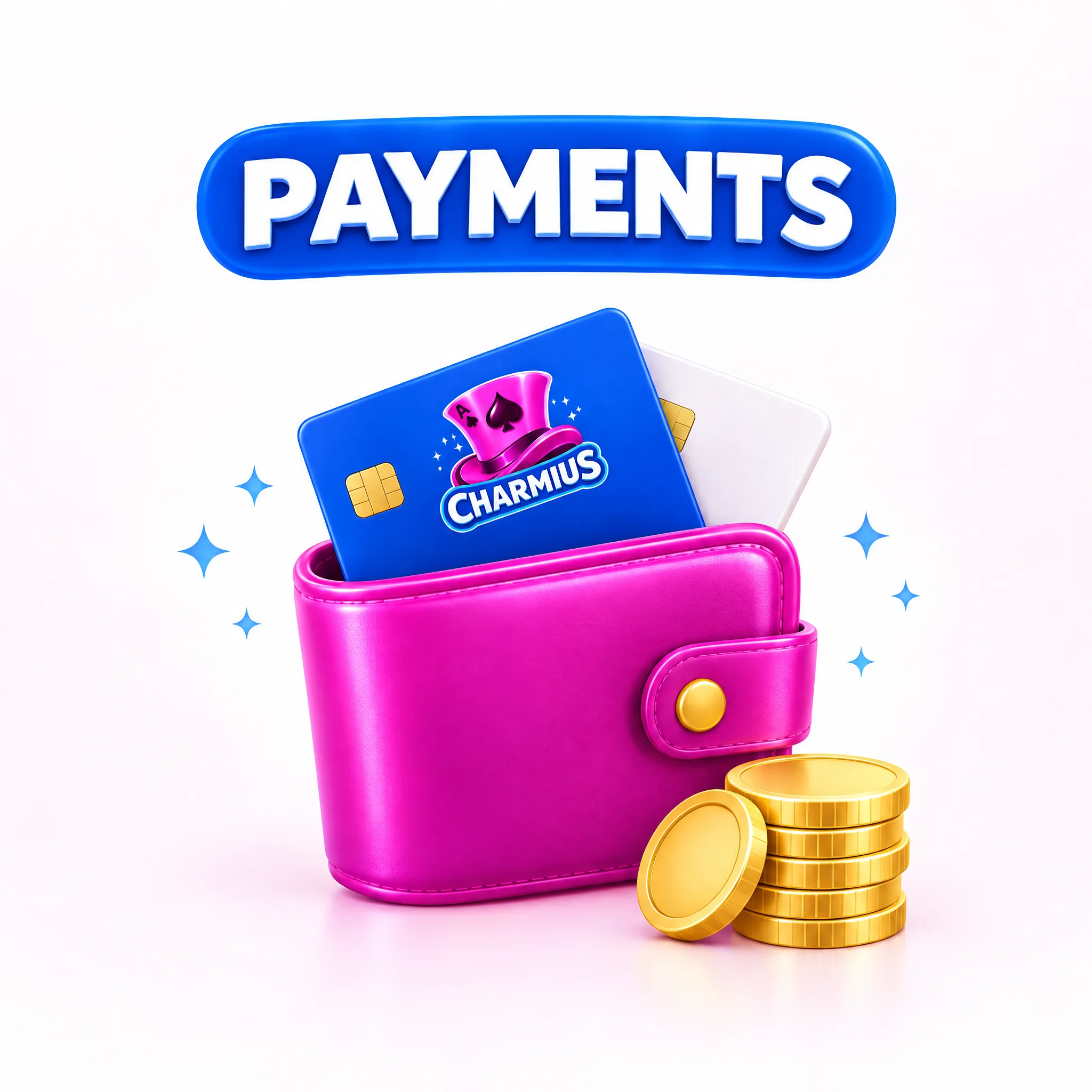 Pink wallet with gold coins and a card bearing the Charmius logo