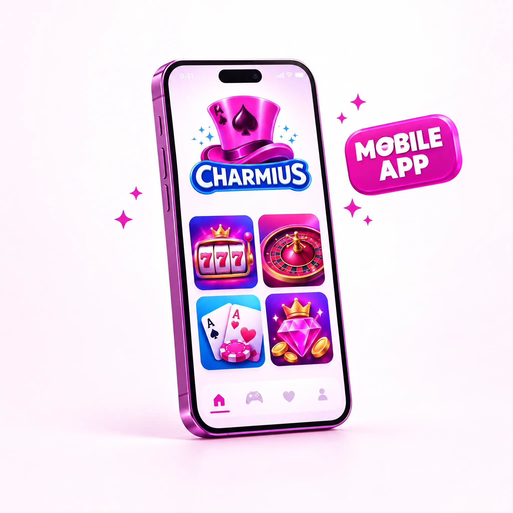 Charmius logo and casino games on a pink mobile phone