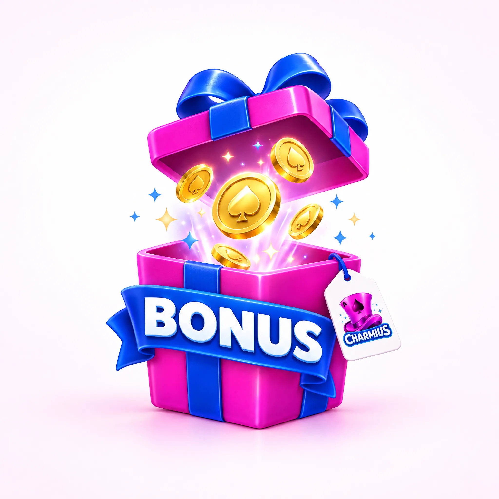 Pink welcome bonus gift with gold coins and a Charmius logo tag